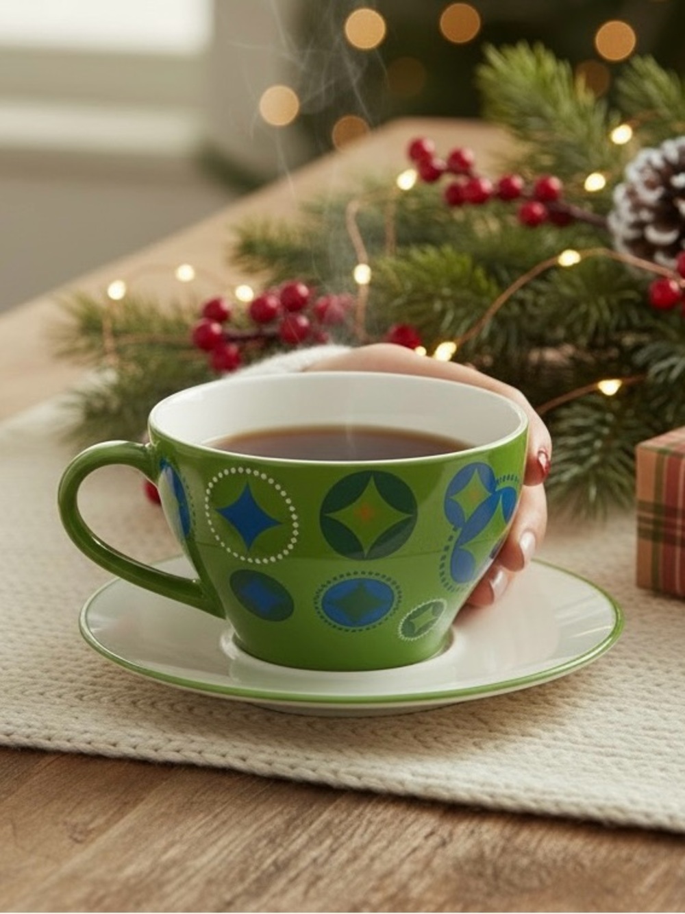 Starbucks Cup & Saucer Set 2006 Coffee Mug Christmas Holiday Green Blue Xmas